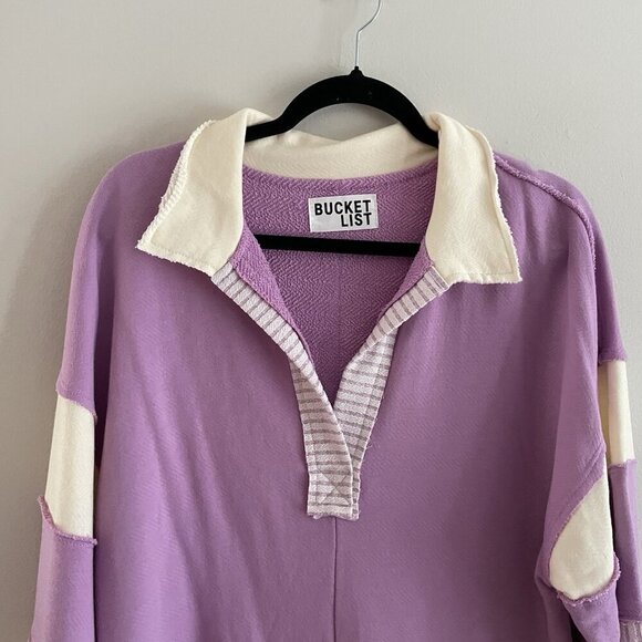 Bucket List Women S Lavender French Terry Color-Block Collared Loose Fit Romper - Picture 8 of 13